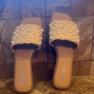 Soda Women's Beige Woven Pearl Sandals